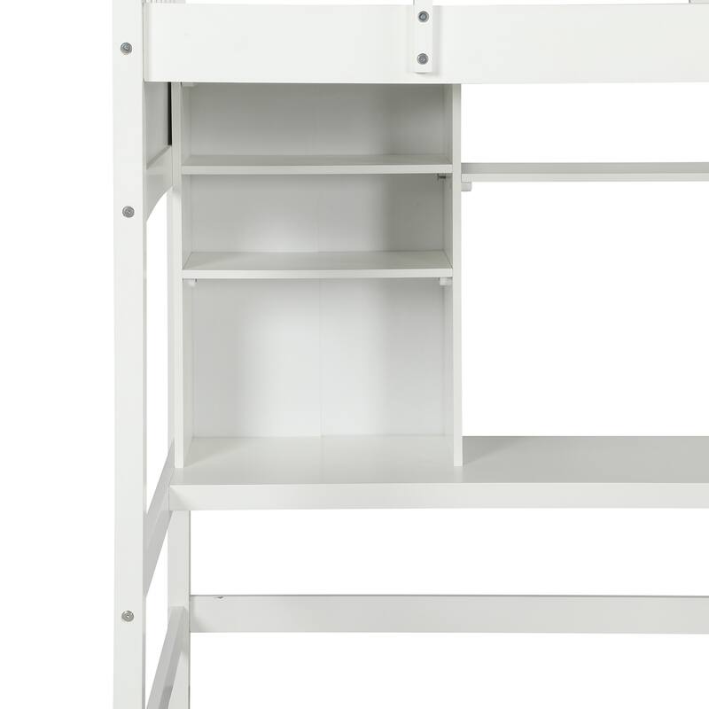 Twin Size Loft Bed with Storage Shelves, Desk and Ladder in White