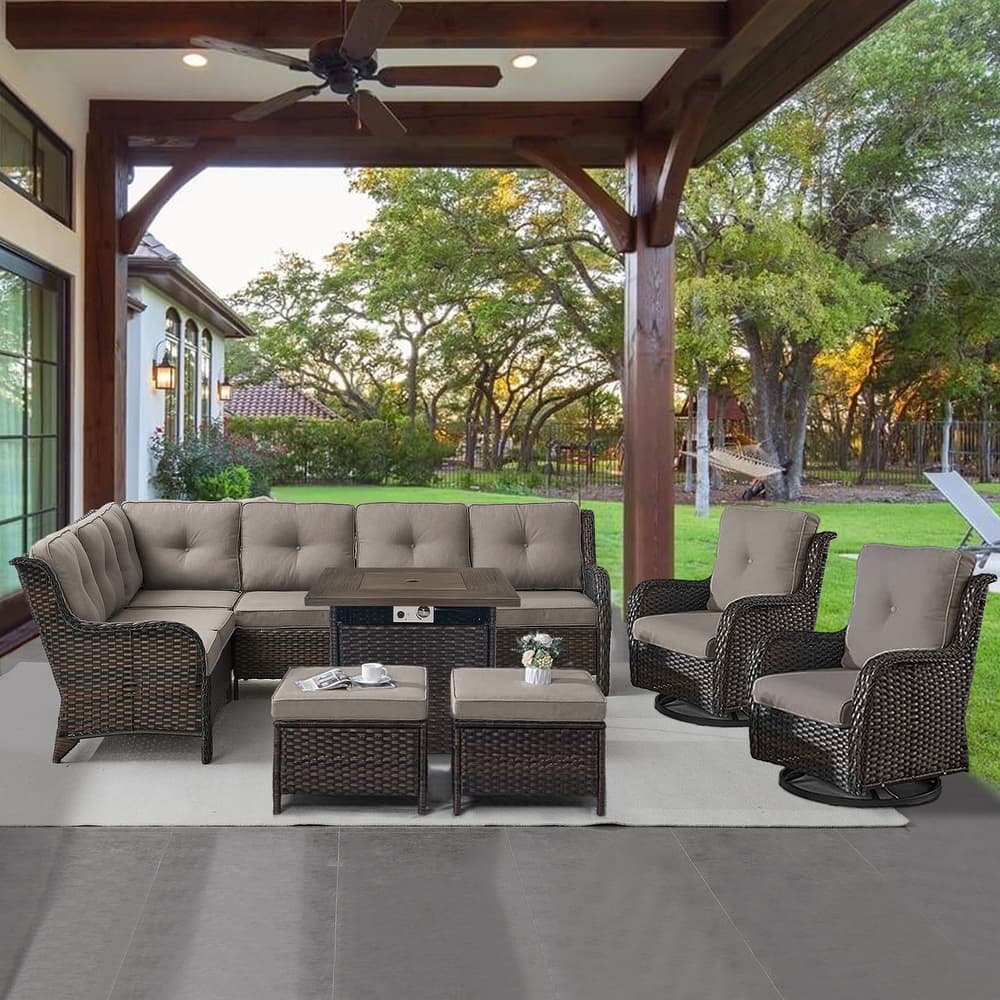 Gymojoy 6-Piece Outdoor Wicker Patio Furniture with Fire Pit and L-shaped Sectional Sofa, Coversation Set with Thick Cushions