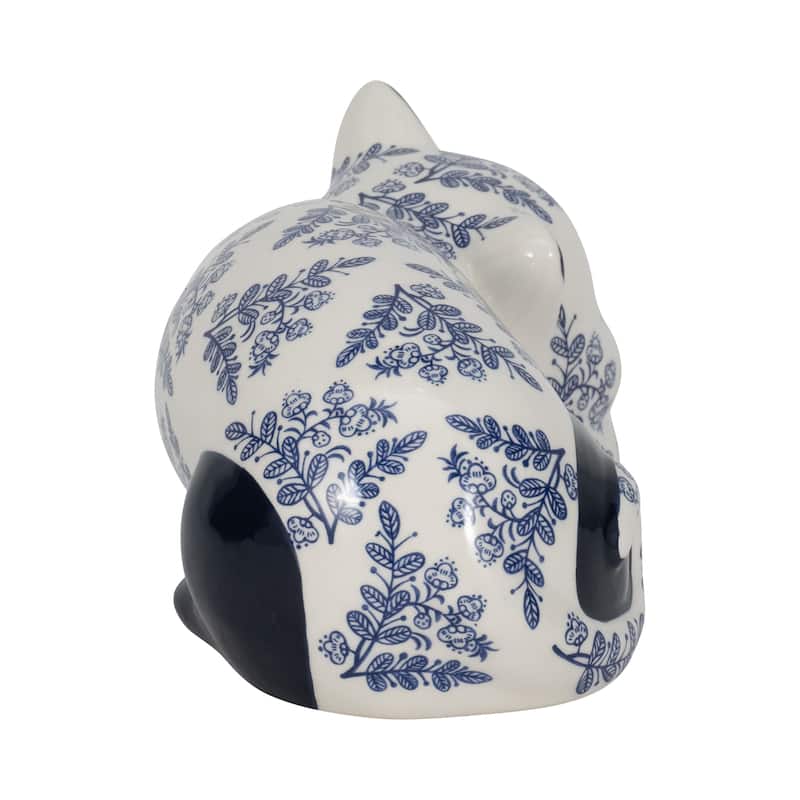 Ceramic Cat Sculpture Contemporary Vintage Style Chinoiserie Blue and White Floral Cat Statue Cat Lover
