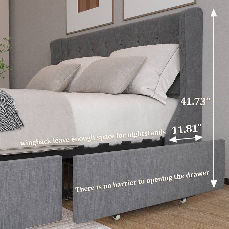 Grey Queen Size Upholstered Bed with Wingback Headboard, 4 Storage Drawers, Button Tufted Design
