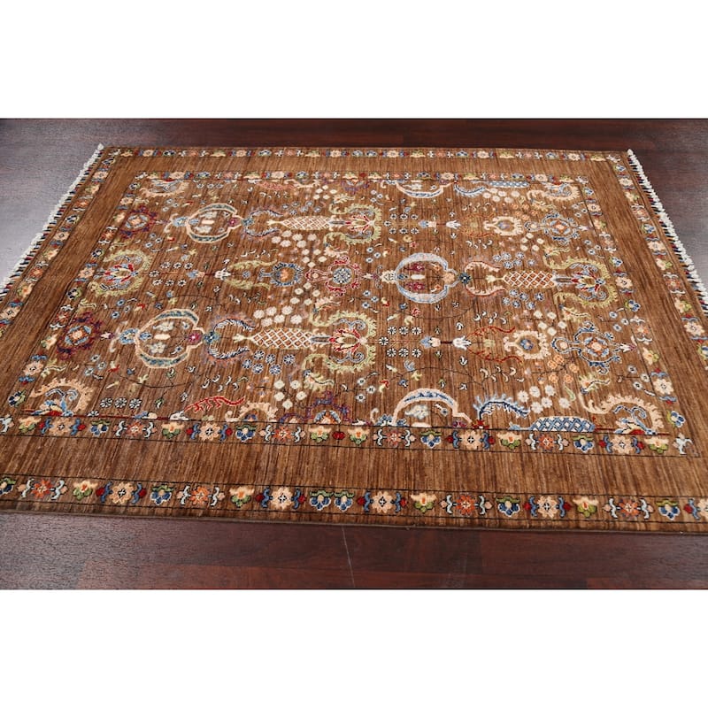 Vegetable Dye Floral Ziegler Oriental Area Rug Wool Handmade Carpet - 5'0" x 6'7"