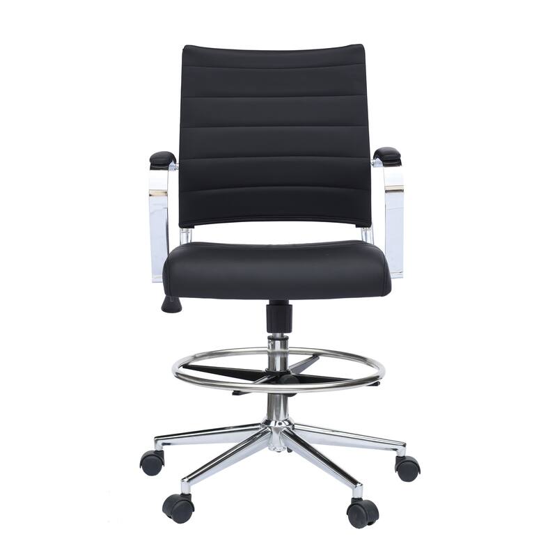 Swivel PU Leather Office Drafting Chair For Standing Table Mid-Back Ribbed Executive Ergonomic With Arms Wheels Task Computer