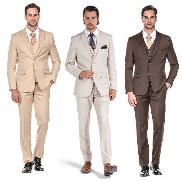 Porto Filo Men S 3 Piece Slim Fit Suit Brown Bone Beige Overstock Porto Filo Men S 3 Piece Slim Fit Suit Brown Bone Beige Overstock