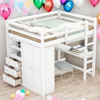 Modern Full Size Wood Loft Bed With Built-in Wardrobe,Desk,Storage Shelves And Drawers