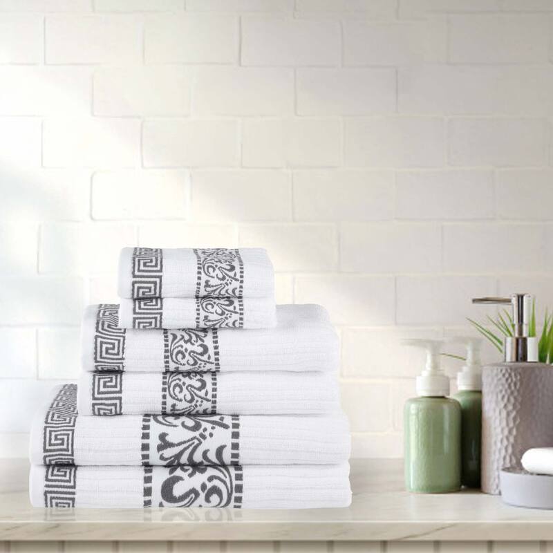 Superior Athens Cotton Floral Border Greek Key 6-Piece Towel Set - Grey