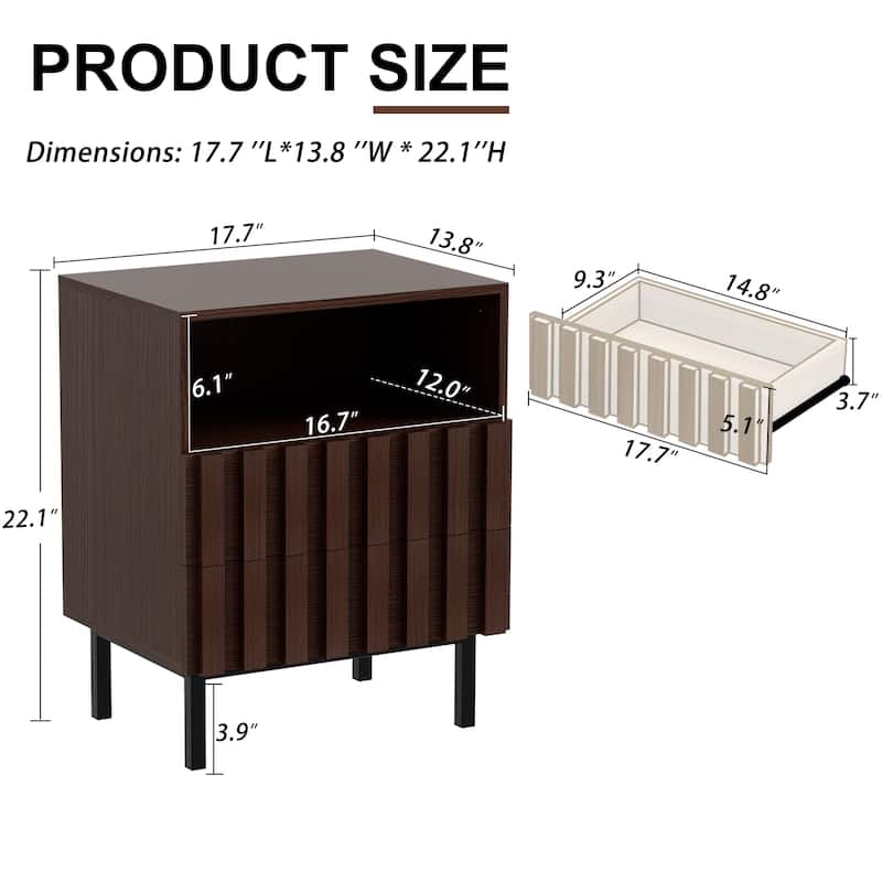 Mid Century Woodgrain Nightstand Pair 2 Drawers Bedside Table