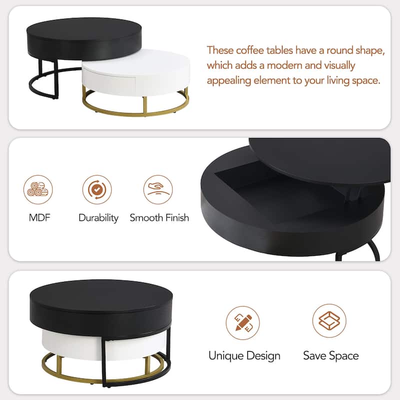 Round Lift-top Nesting Coffee Table w/ 2 Drawer & Metal Frame, Modern Nesting Table Set of 2, Luxury Accent Side Table End Table