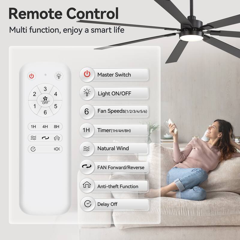 Large 72" Reversible 7-Blade Integrated Ceiling Fan with LED Light and Remote