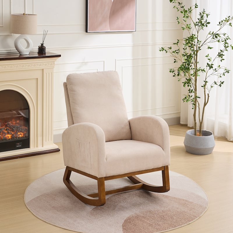 27.2"W Rocking Chair, Polyester Glider Chair with High Back Side Pocket, Rocking Accent Armchair with Rubber Wood Legs