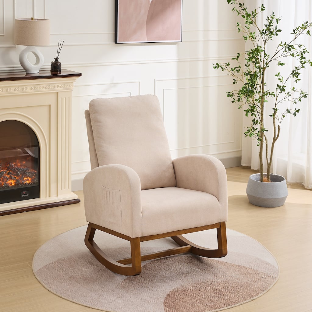 27.2"W Rocking Chair Side Chair with High Back and Side Pocket, Accent Chair Beige Armchair with Wood Legs