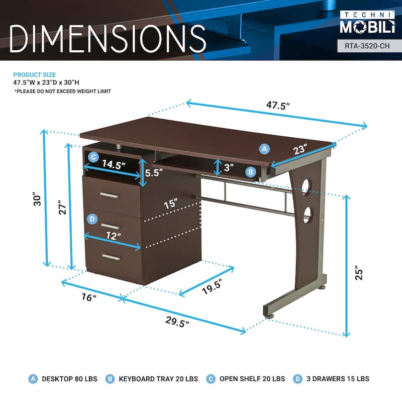 Computer Desk with 3 Drawers and Pull Out Keyboard Panel
