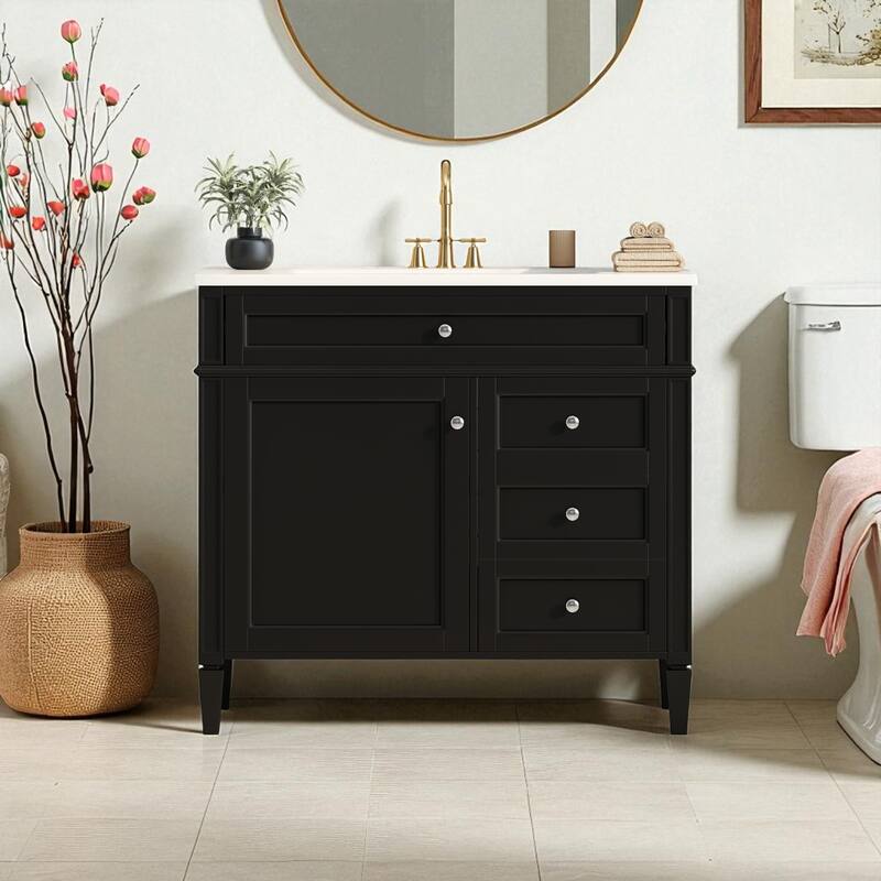 36 Inch Bathroom Vanity with Sink, Freestanding Cabinet with 2 Drawers, Tip-Out Drawer, Soft-Close Door & Resin Basin - Black