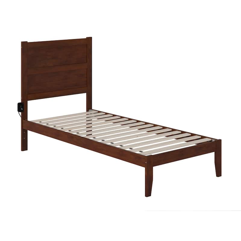 Twin XL Bed Frame Walnut Finish - Modern Platform Bed with Charging Station