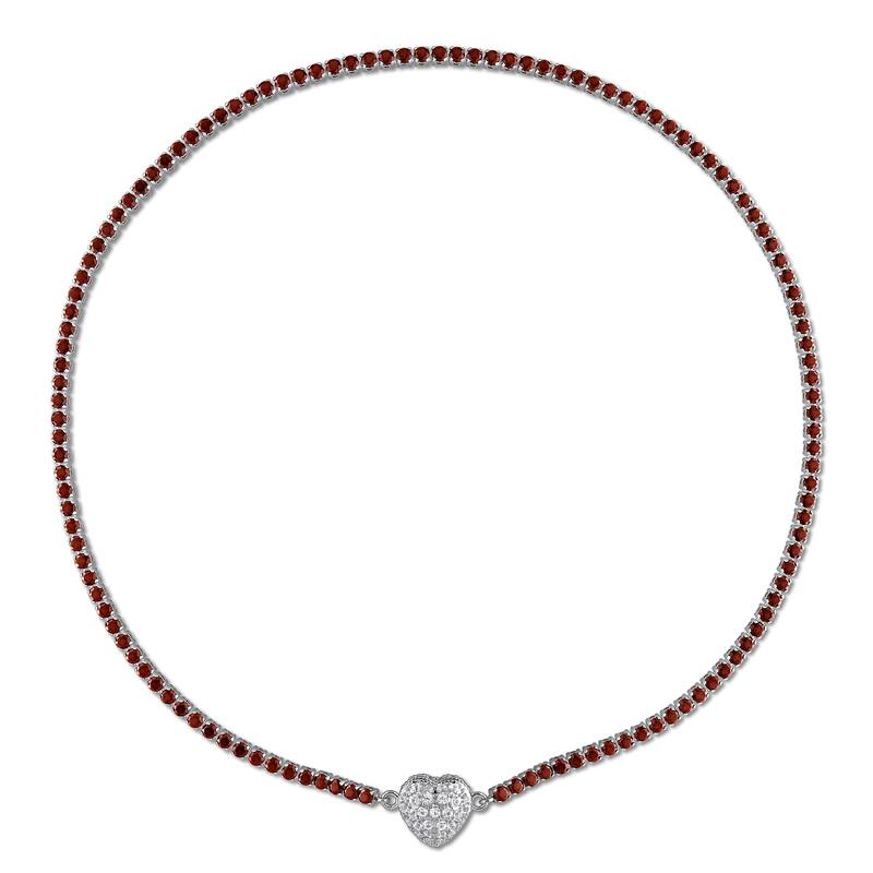 Miadora 14 1/4ct TGW Garnet and Created White Sapphire Heart Necklace in Sterling Silver-17 in