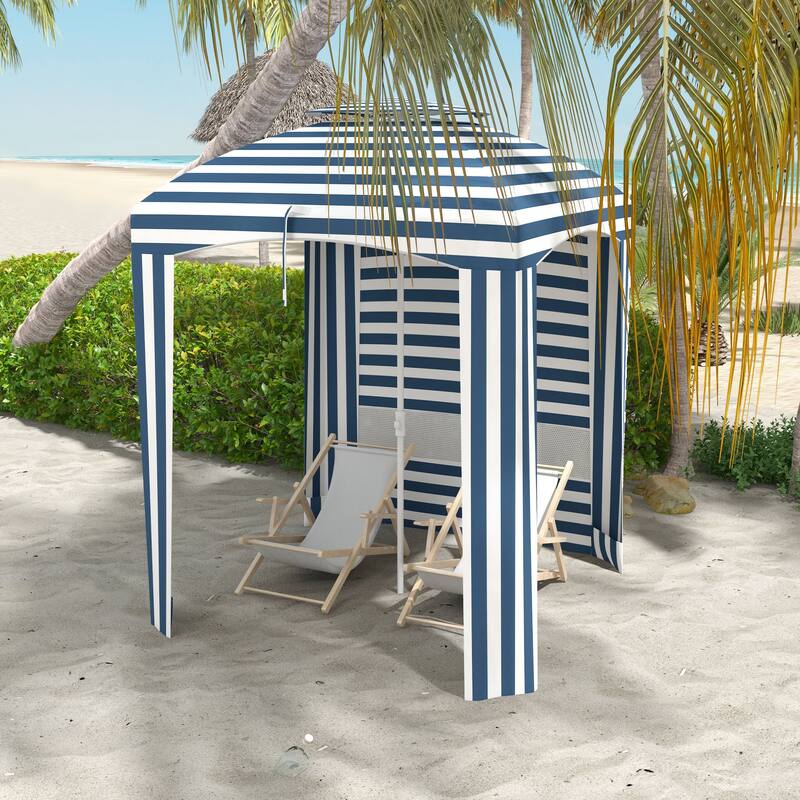 Outsunny 5.8' x 5.8' Portable Beach Umbrella with Double-top, Ruffled Outdoor Cabana with Vented Windows, Sandbags - Blue