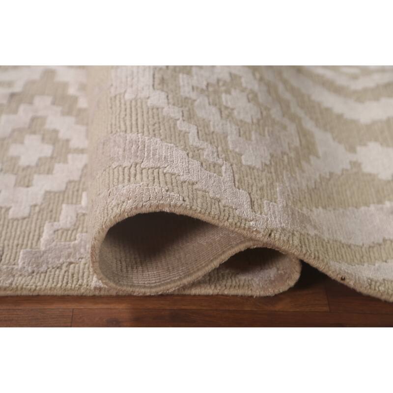 Beige Geometric Nepalese Oriental Area Rug Handmade Wool Carpet - 6'1" x 8'11"