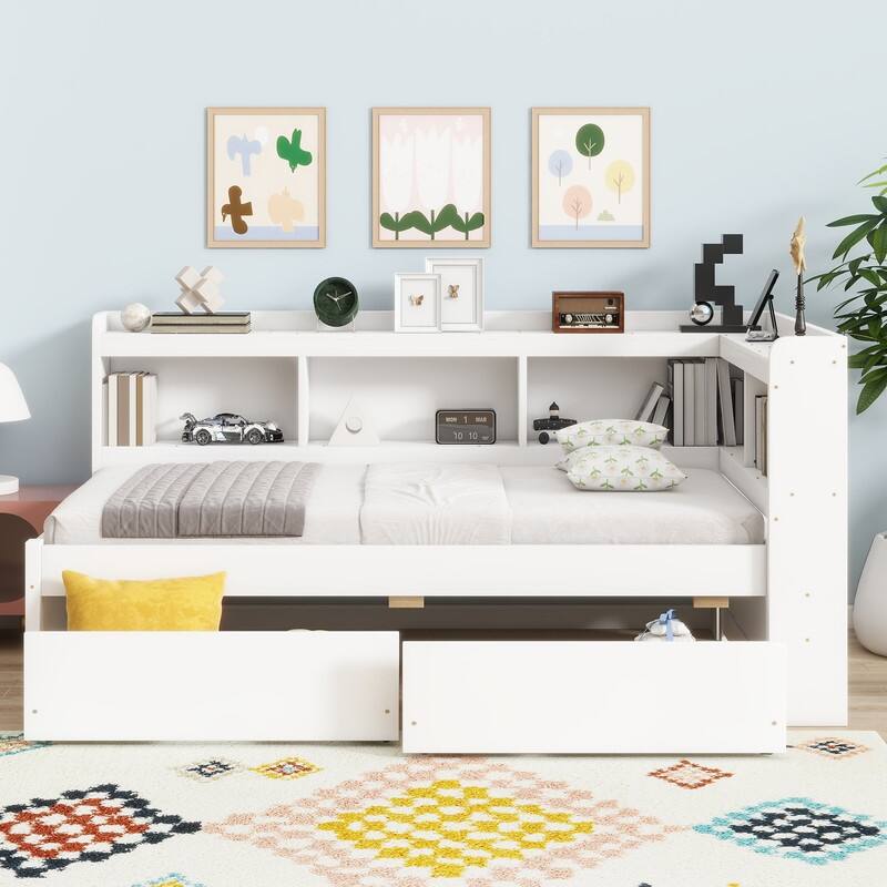 Twin Size L-shaped Bookcases Bed with Power Outlets, USB Charging Ports,2 Drawers