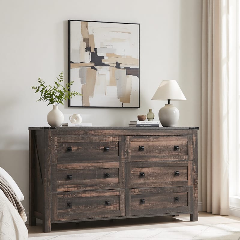 Farmhouse 6 Drawer Dresser, Wood TV Stand, Chest of Drawers - Dark Rustic Oak