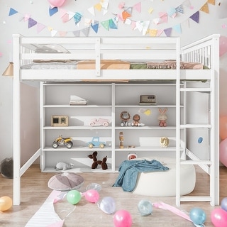 Multi-Functional Full Size Loft Bed with 8 Open Storage Shelves and Built-in Ladder, Space Saving, Solid Construction, White