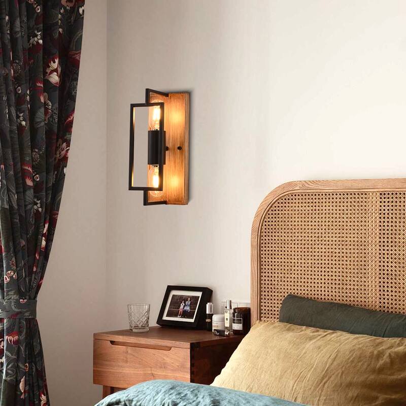 CurveCurio 12" Modern Wall Light with Matte Black Metal Frame and Wood Base, Two-Light Sconce Fixture for Stylish Interiors