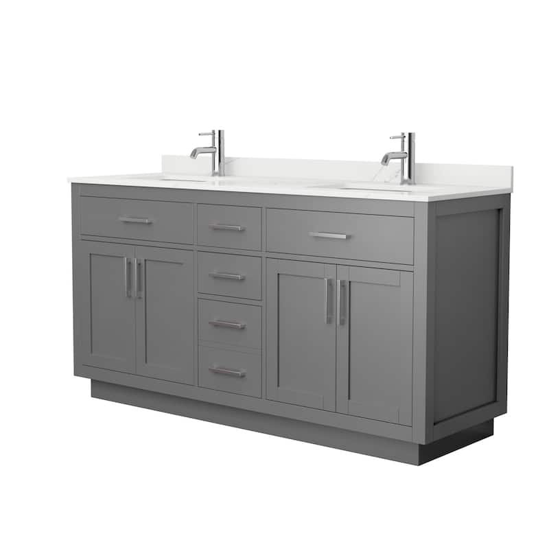 Beckett TK 66-inch Double Vanity, Single Hole Quartz Top - Dark Gray, Nickel Trim, Giotto Quartz Top