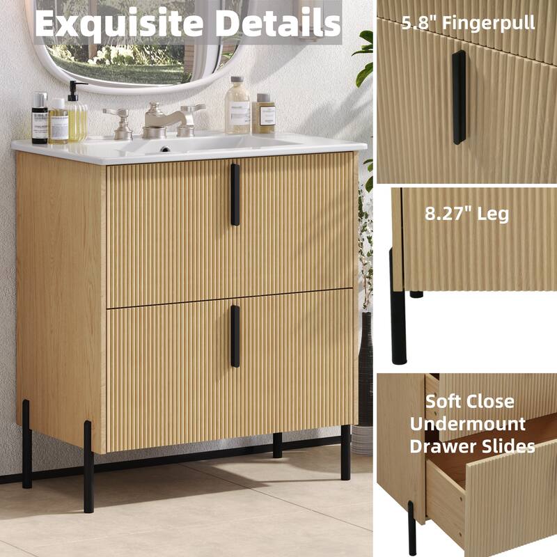30" Bathroom Vanity with Ceramic Sink and Full-Extension Drawers, Soft Close Undermount Drawer Slides, Fluted Design