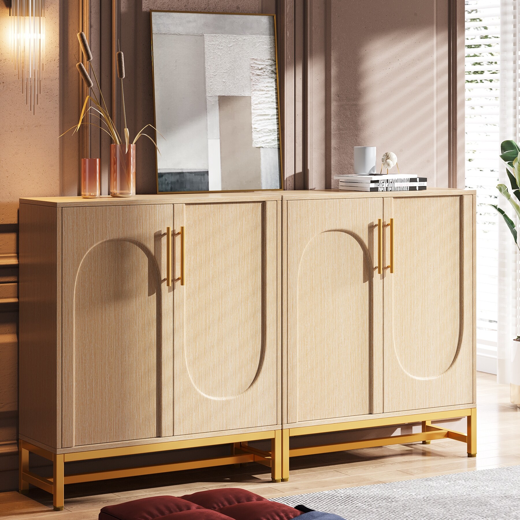 Sideboard Buffet Cabinet White Gold Buffets with 4 Doors Side