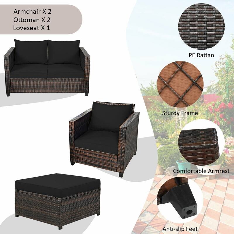 5 Pieces Patio Cushioned Rattan Furniture Set - 50" x 30.5" x 29" (L x W x H)