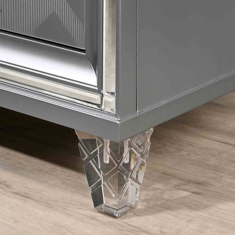 Contemporary Nightstand with USB Port & Hidden Jewelry Drawer - Silver Finish, Acrylic Legs