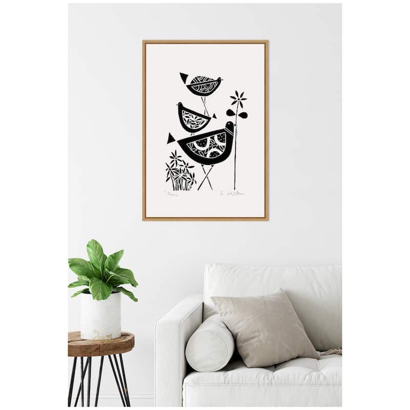 Kate and Laurel Sylvie Folk Bird Family Trio Linocut Framed Canvas by Giuliana Lazzerini