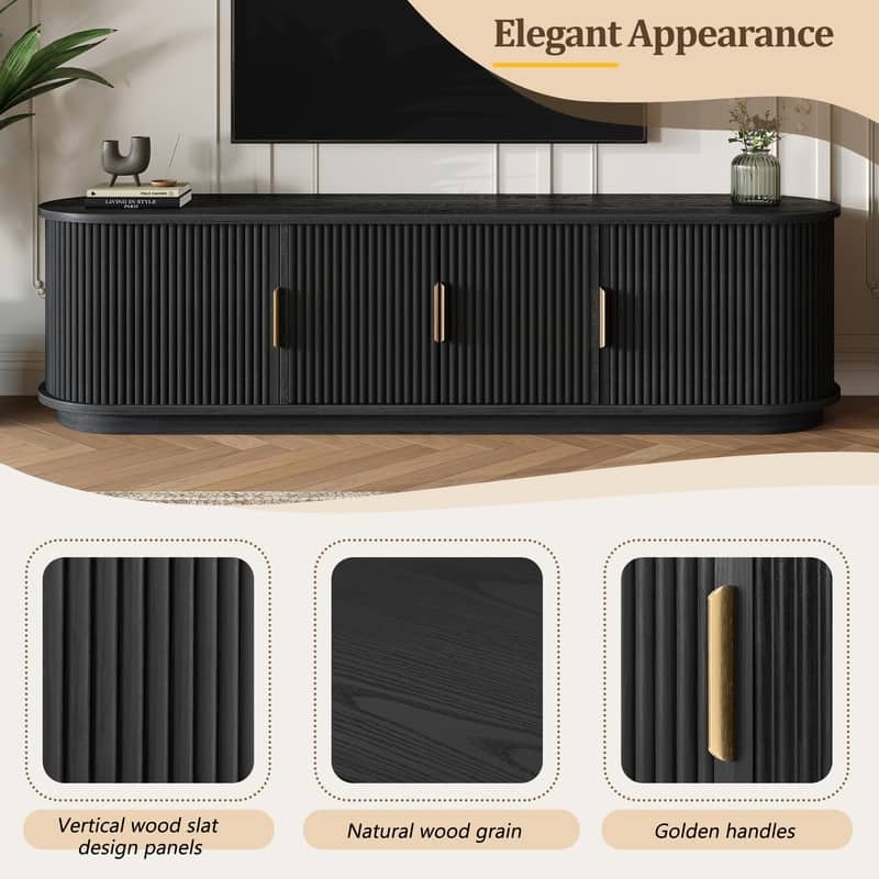 Farmhouse TV Stand with Sliding Tambour Door for 75-Inch TVs, Fluted Media Console with Adjustable Shelves and Golden Handles