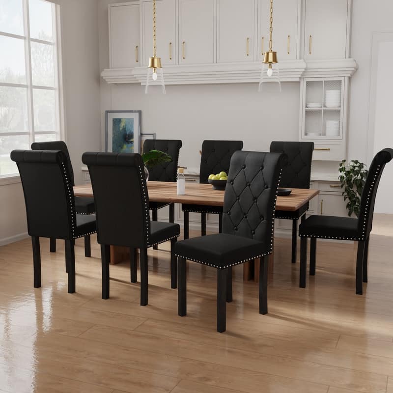 High-Back Tufted Nailhead Upholstered Dining Chairs (Set of 8) - Black Linen