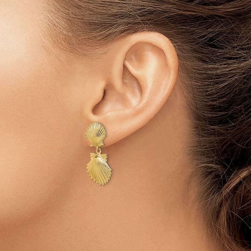 Curata 14k Yellow Gold Double Scallop Shell Long Drop Dangle Earrings 29.2x14.66mm