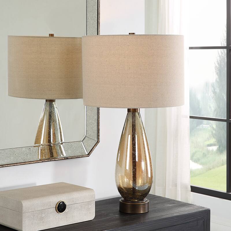 Teardrop Glass Table Lamp with Drum Shade - 28.75" - Bronze Finish