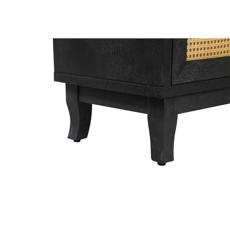 Black Rattan Sideboard Buffet Cabinet with Handcrafted Premium Grain Panels, 4 Rattan Doors and Adjustable Shelves