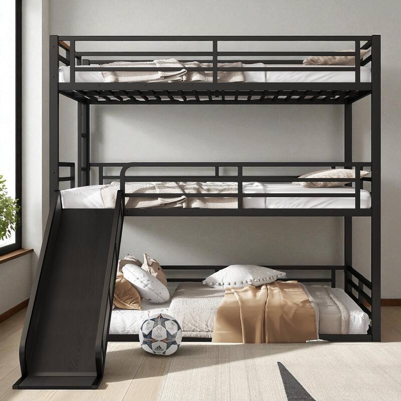 Metal Triple Bunk Bed with Slide, Twin XL/Full/Queen, Safety Guardrails, Quiet Slat Design, Heavy-Duty, Black - Black - Queen