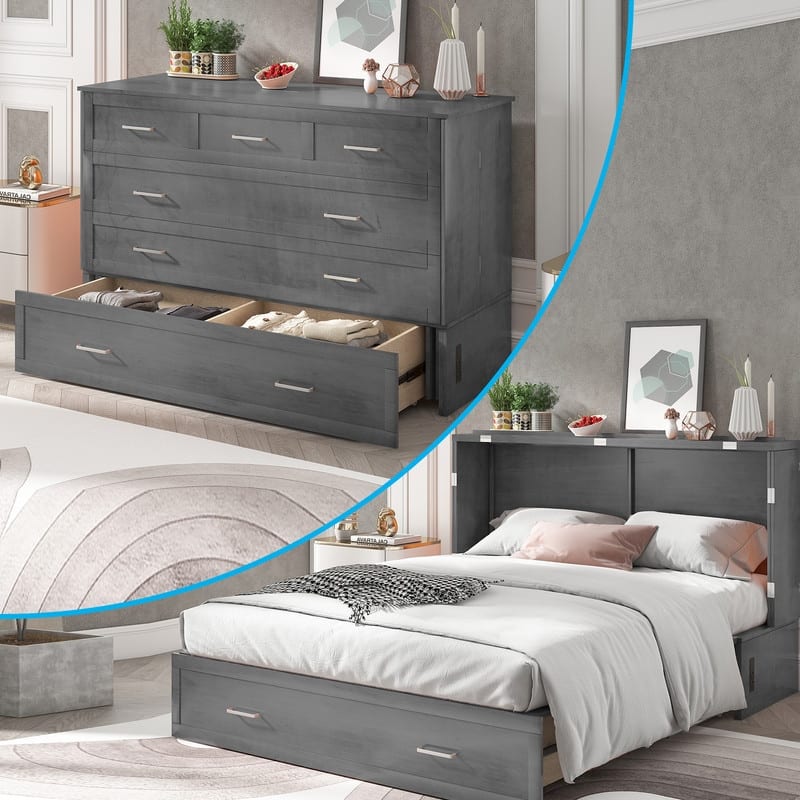 Mixoy Queen Murphy Bed Cabinet Bed Chest with Mattress,Drawers,USB Charging Station - DARK GREY - Queen