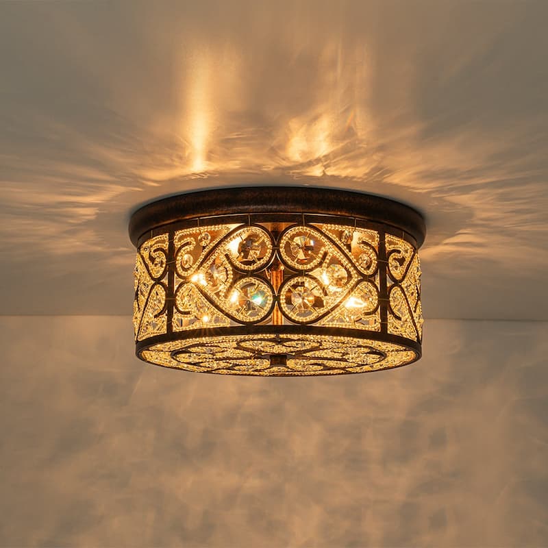 Spanish Vintage Crystal Bronze Drum Flush Mount Light - 13.8in
