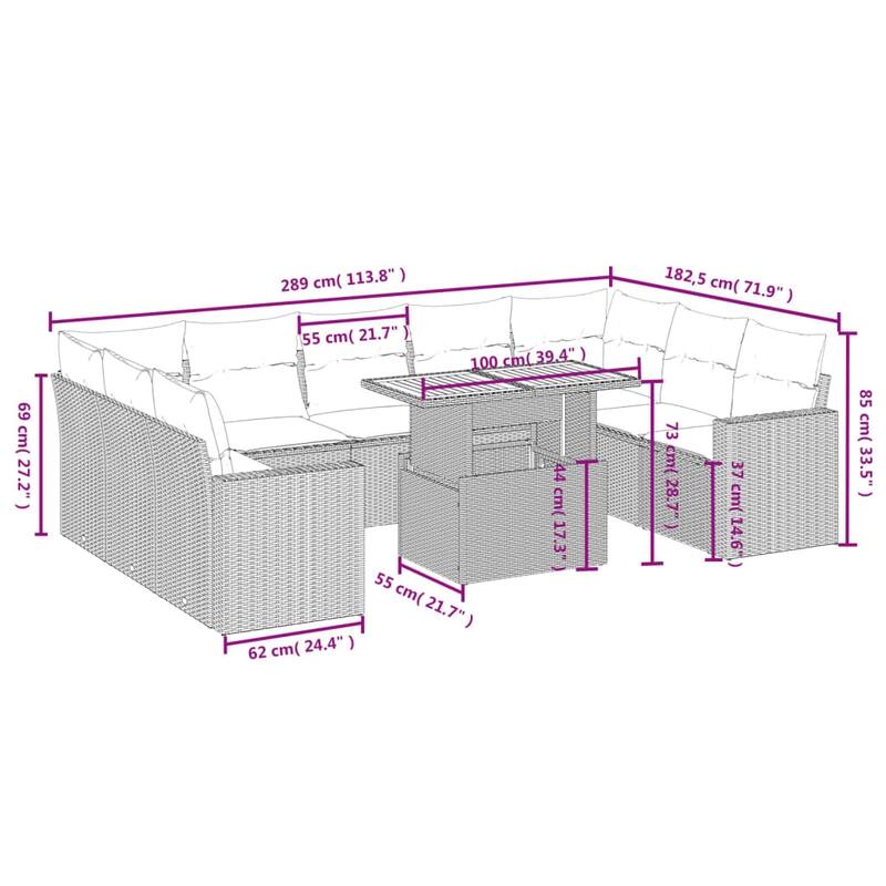 vidaXL Patio Sofa Set with Cushions Outdoor Furniture 10 Piece Poly Rattan - 24.4 x 24.4 x 27.2