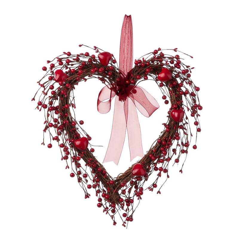 Glitzhome Valentine's Berry Heart or Round Wreath Hanging Decor - Heart without LED