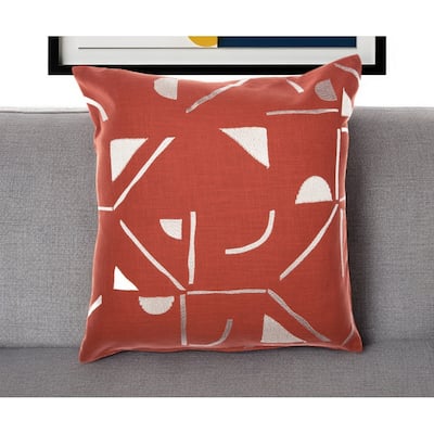 HomeRoots 24" Orange and Ivory Geometric Cotton Blend Throw Pillow With Embroidery
