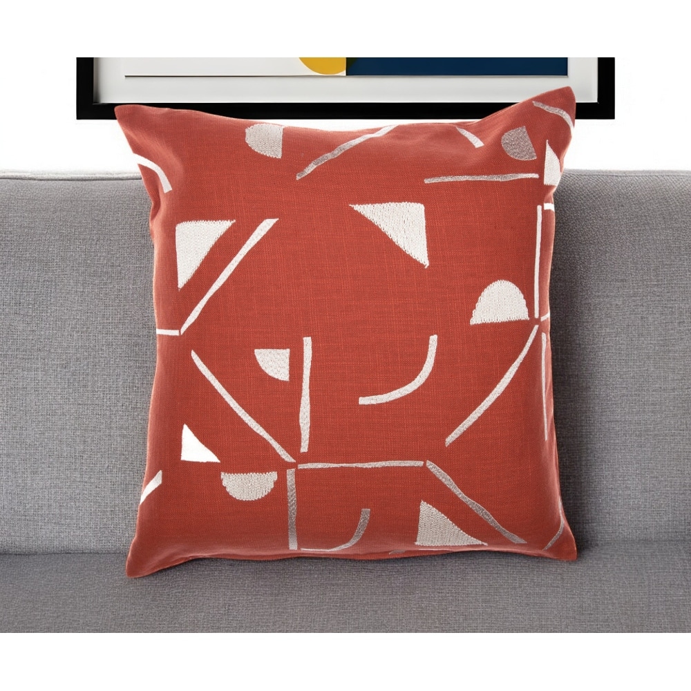 HomeRoots 24" Orange and Ivory Geometric Cotton Blend Throw Pillow With Embroidery