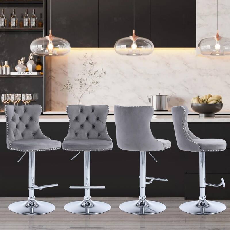 Velvet Upholstered Nailheads Tufted Swivel Bar Stools (Set of 6) - Grey SliverBase Set of 4
