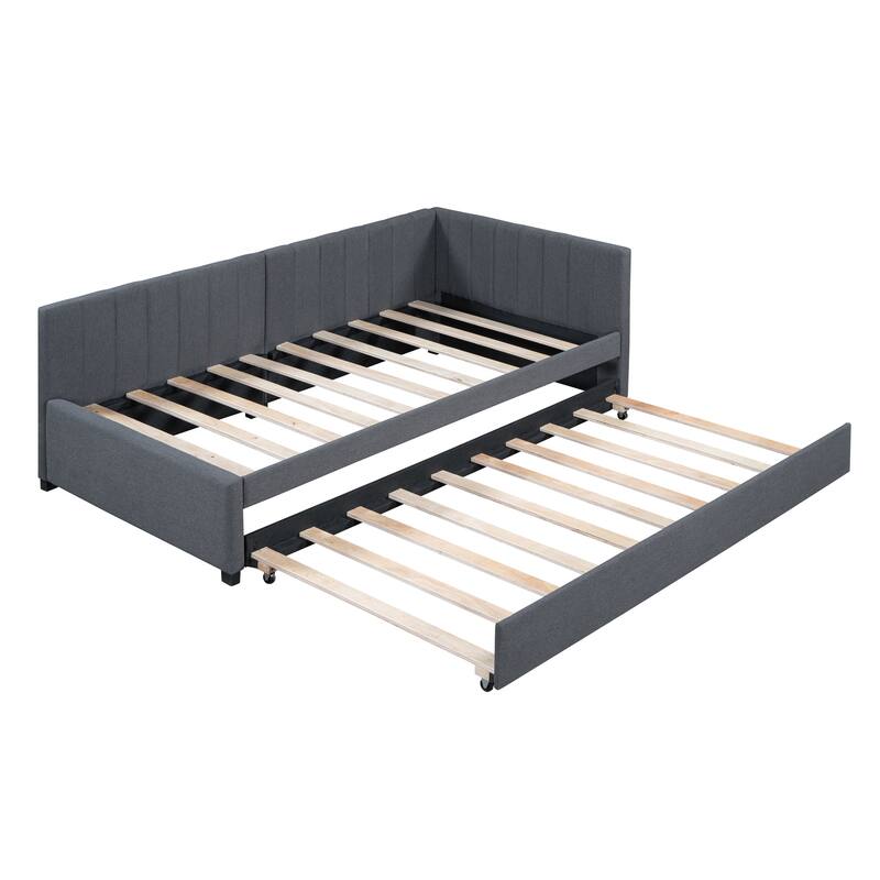 Twin Daybed Frame Linen Upholstered Sofa Bed L Shaped Backrest Mattress Holde Slat Support with Twin Size Trundle