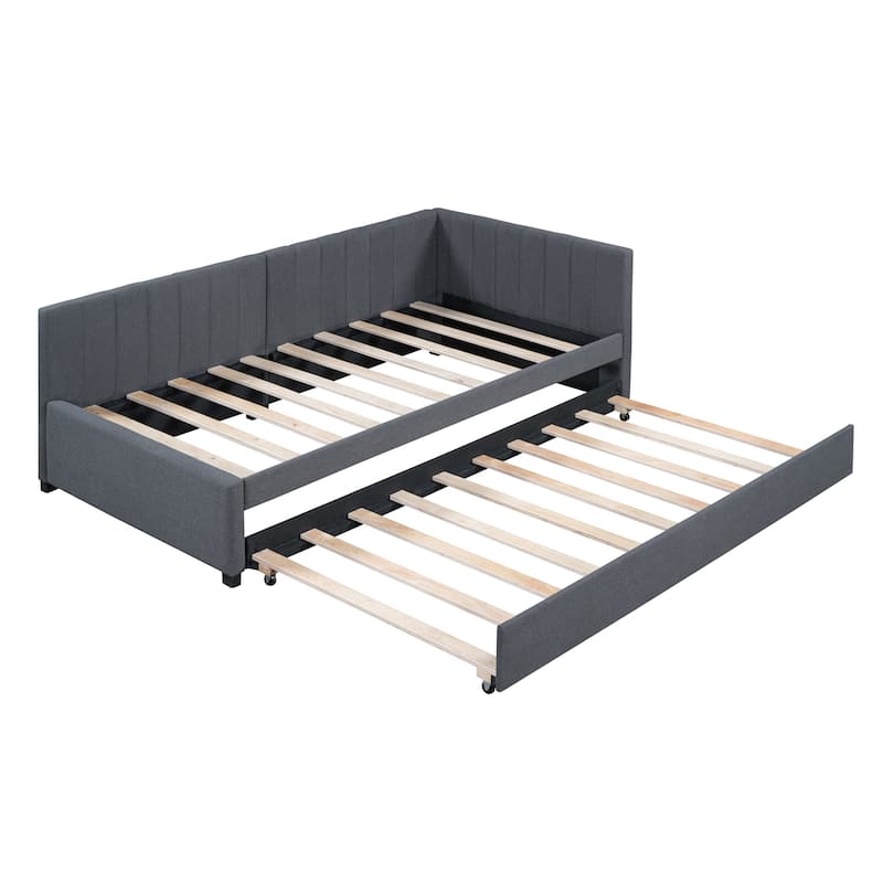 Twin Upholstered Daybed Sofa Bed Stripe Design Backrest Slat Daybed with Trundle Bed No Box Spring Needed - Grey