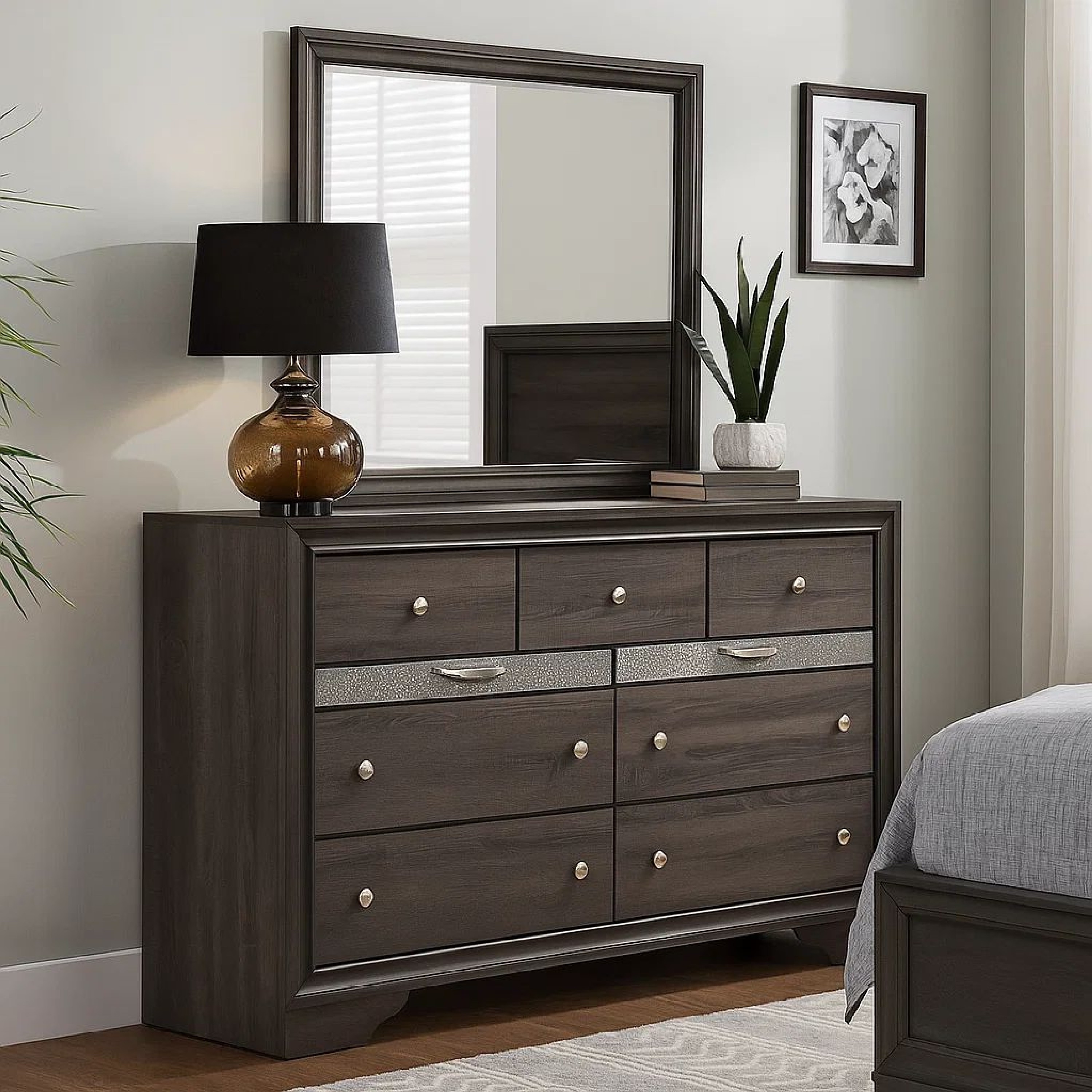 Wooden Dresser with 7 Drawers and 2 Jewelry Drawer, Gray and Silver
