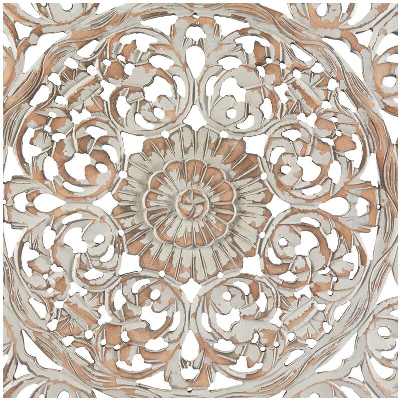 Gray Wooden Handmade Carved Scroll Mandala Floral Home Wall Decor with Brown Distressing
