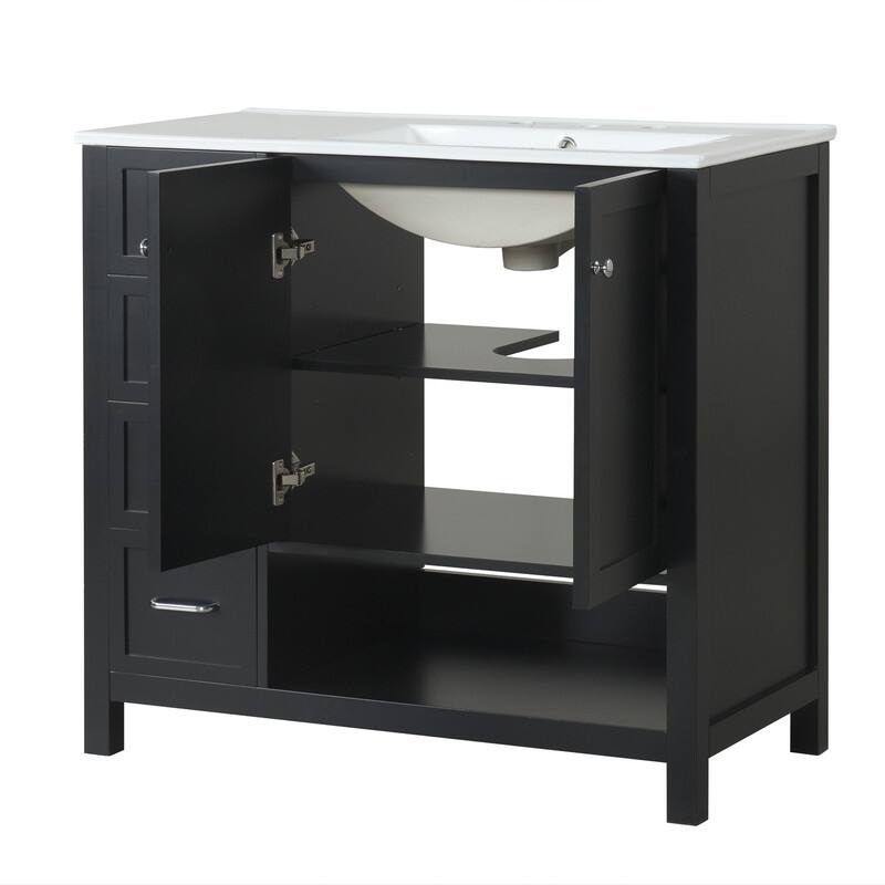 36"W Bathroom Vanity with Ceramic Top, Bathroom Vanity with Drawer Divider, Freestanding Cabinet with Open Shelf