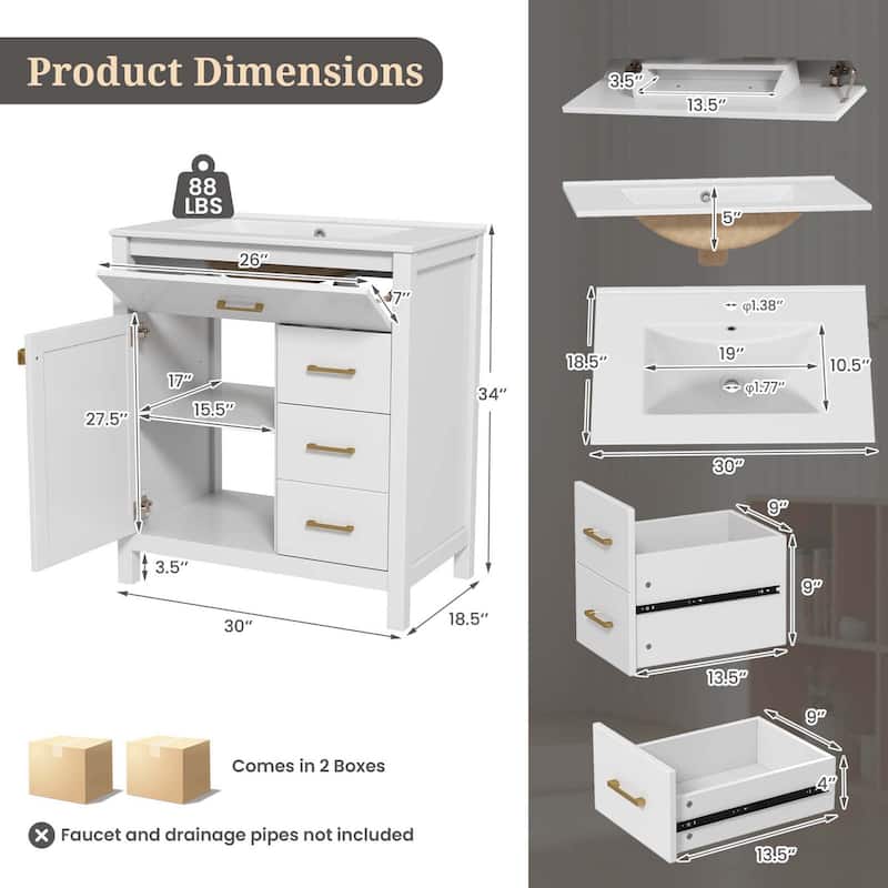 Costway 30" Bathroom Vanity with Sink 2 Drawers 1 Door 1 Flip-out - See Details