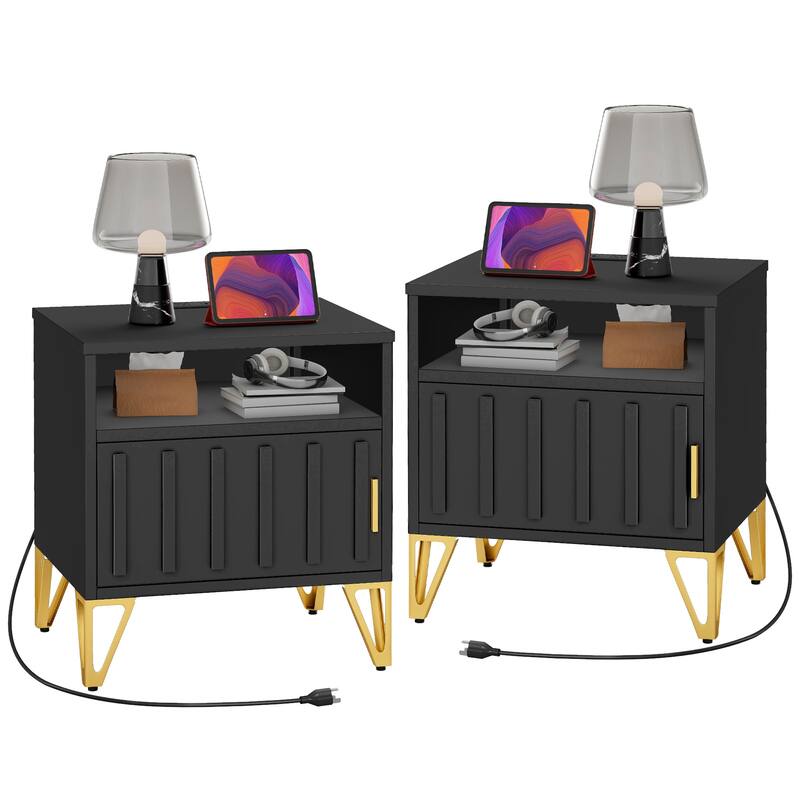 Moasis Set of 2 Black Nightstand with Embedded USB & AC Charging Station